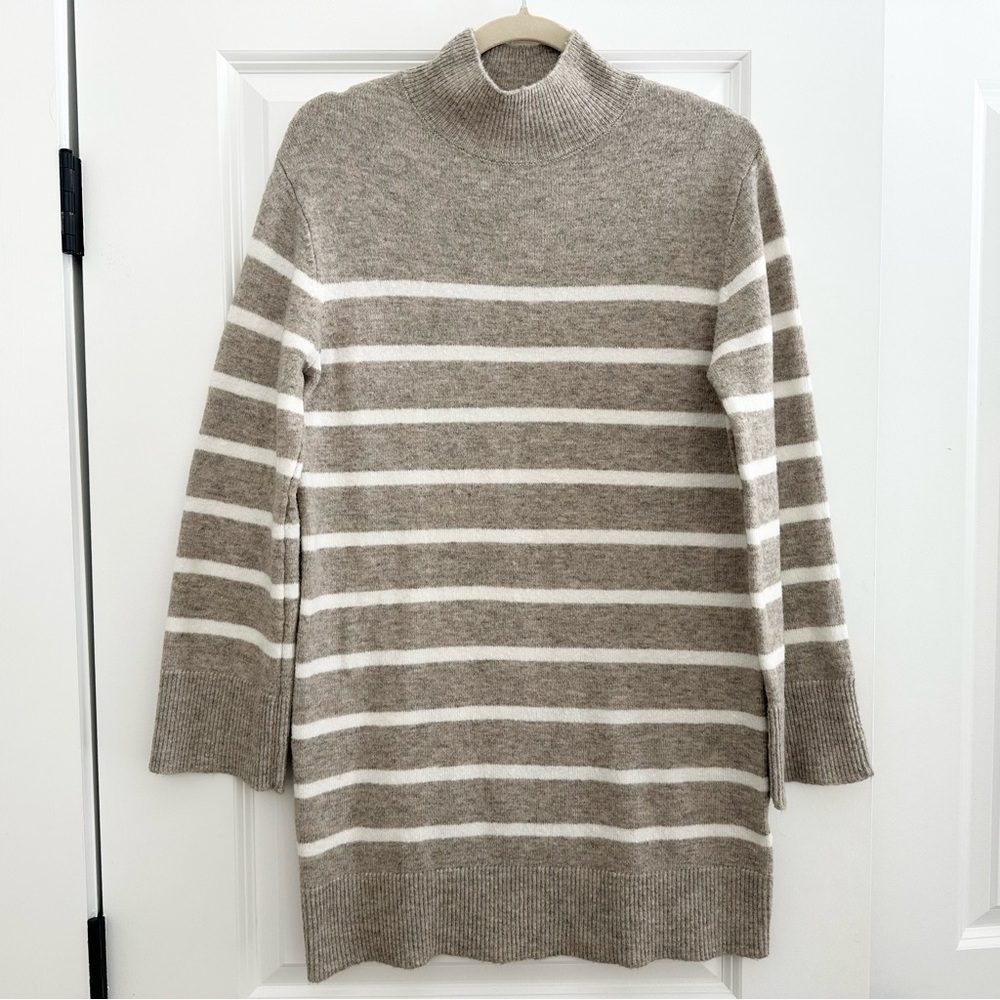 Fall Striped Mock Neck Tunic Oversized Sweater - Oatmeal/ Taupe & White